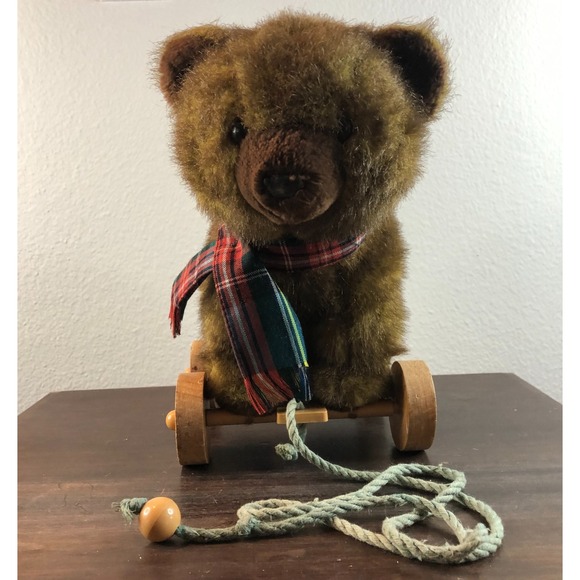 Applause Other - Vtg 1986 Applause Bear Pull Toy Plush 7"Brown Wood Wheels Original PullRope Read